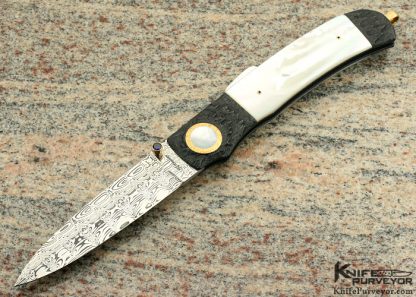 Howard Hitchmough Custom Knife Damasteel, Blued Textured Steel with Mother of Pearl Shell and Pearl Inlaid Gold Pivot    Gold Bale  Mid Lock