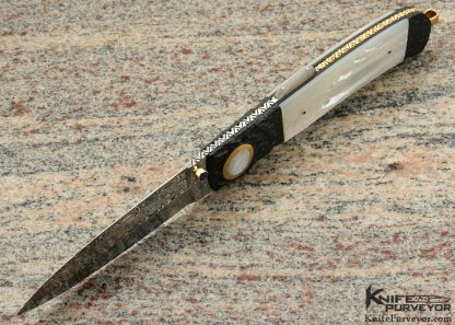 Howard Hitchmough Custom Knife Damasteel, Blued Textured Steel with Mother of Pearl Shell and Pearl Inlaid Gold Pivot    Gold Bale  Mid Lock - Image 4