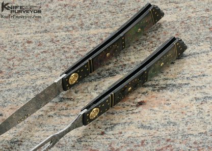 Howard Hitchmough Custom Knife Fork and Knife Set with Damasteel and Blue Textured Steel with Gold and Pearl Inlays and Gold Pivot with Black Lip and Gold Lip Pearl Midlock - Image 5