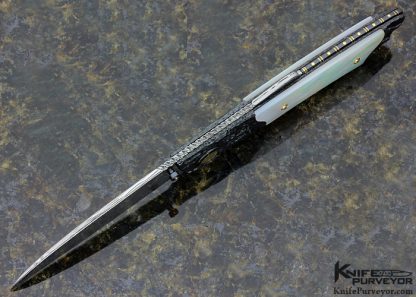 Howard Hitchmough Custom Knife Damasteel, Blued Textured Steel with 24Kt Gold Inlays & Mother of Pearl Shell Midlock - Image 4