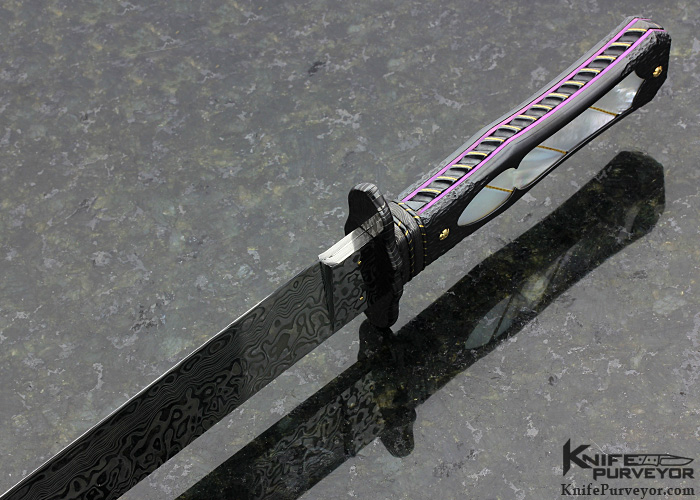 Howard Hitchmough Custom Knife Damasteel, Textured Blued Steel & Mother of Pearl with 24Kt Gold Wire Inlaid Dress Bowie - Image 5