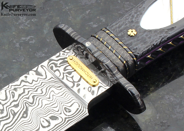 Howard Hitchmough Custom Knife Damasteel, Textured Blued Steel & Mother of Pearl with 24Kt Gold Wire Inlaid Dress Bowie - Image 2