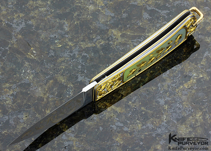 Ron Lake Custom Knife Black Lip Tahitian Pearl Interframe Tail Lock Engraved by Barry Lee Hands - Image 7
