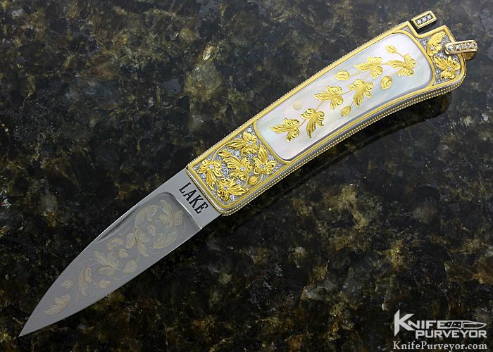 Ron Lake Custom Knife Black Lip Tahitian Pearl Interframe Tail Lock Engraved by Barry Lee Hands