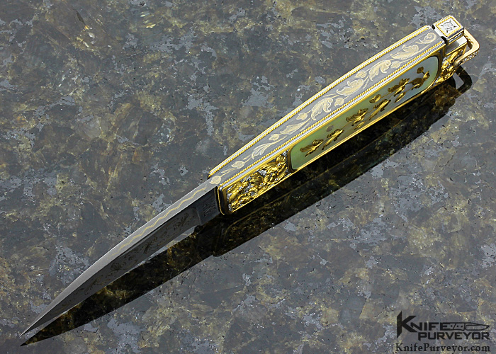 Ron Lake Custom Knife Black Lip Tahitian Pearl Interframe Tail Lock Engraved by Barry Lee Hands - Image 5