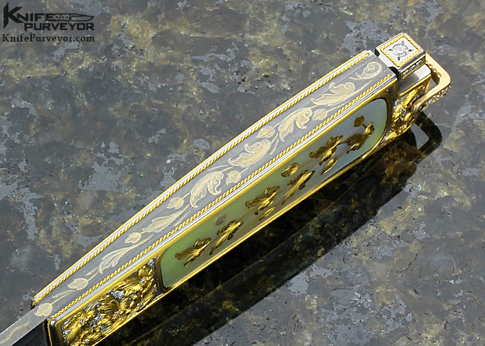 Ron Lake Custom Knife Black Lip Tahitian Pearl Interframe Tail Lock Engraved by Barry Lee Hands - Image 6