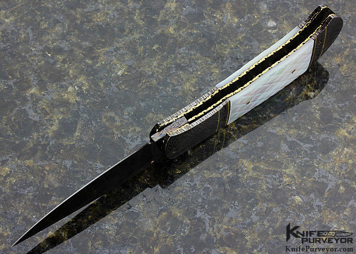 John W. Smith Custom Knife Blued Sole Authorship Damascus with 18Kt Gold Inlays & Quilted Mother of Pearl Shell Linerlock - Image 5