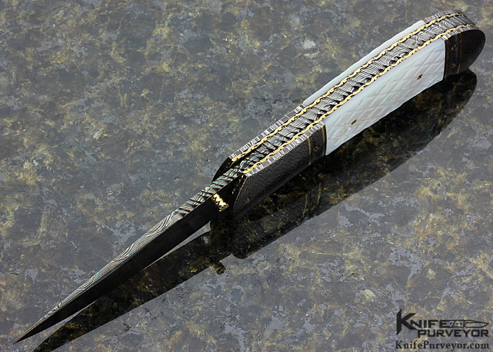 John W. Smith Custom Knife Blued Sole Authorship Damascus with 18Kt Gold Inlays & Quilted Mother of Pearl Shell Linerlock - Image 4