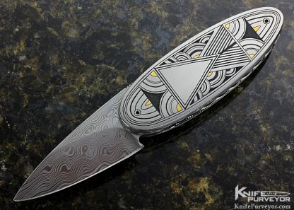 Kelly Carlson Custom Knife "Small Ellipse" Linerlock "Art Deco" Engraved by Tim George with Gold Inlays