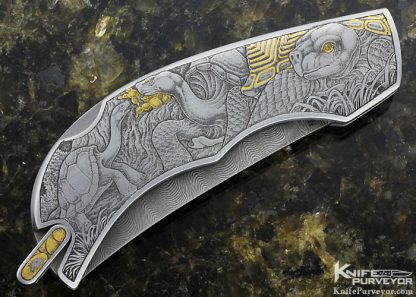 Jim Martin Custom Knife Damascus Prototype Lockback "Turtle and Owls" Engraved by Jon Robyn - Image 4