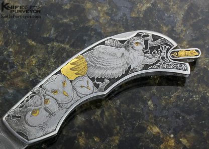 Jim Martin Custom Knife Damascus Prototype Lockback "Turtle and Owls" Engraved by Jon Robyn - Image 3