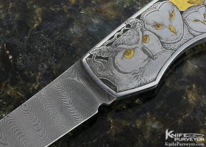 Jim Martin Custom Knife Damascus Prototype Lockback "Turtle and Owls" Engraved by Jon Robyn - Image 2