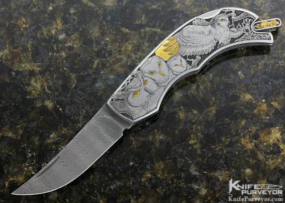 Jim Martin Custom Knife Damascus Prototype Lockback "Turtle and Owls" Engraved by Jon Robyn