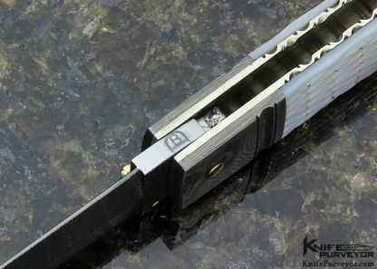 Barry Davis Custom Knife Sole Authorship Damascus with Quilted and Piqued Mother of Pearl with Gold Pins Lockback Dagger - Image 6
