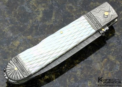 Barry Davis Custom Knife Sole Authorship Damascus with Quilted and Piqued Mother of Pearl with Gold Pins Lockback Dagger - Image 3