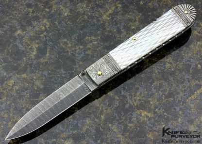 Barry Davis Custom Knife Sole Authorship Damascus with Quilted and Piqued Mother of Pearl with Gold Pins Lockback Dagger