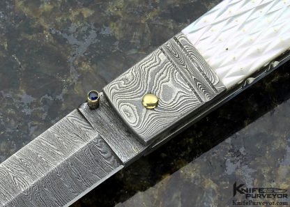 Barry Davis Custom Knife Sole Authorship Damascus with Quilted and Piqued Mother of Pearl with Gold Pins Lockback Dagger - Image 2