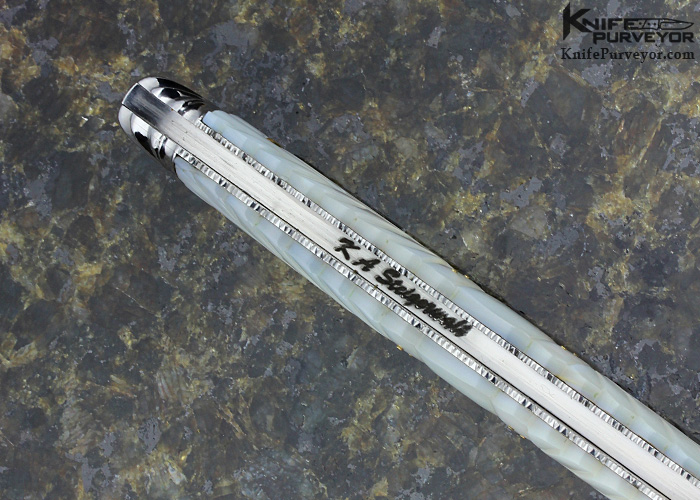 Ken Steigerwalt Custom Knife Mother of Pearl Shell with Gold Pins and Scalloped 416 Stainless Steel Front Lock Dagger - Image 7