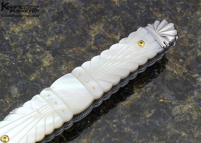 Ken Steigerwalt Custom Knife Mother of Pearl Shell with Gold Pins and Scalloped 416 Stainless Steel Front Lock Dagger - Image 3