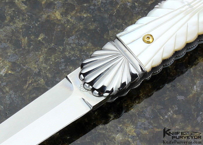 Ken Steigerwalt Custom Knife Mother of Pearl Shell with Gold Pins and Scalloped 416 Stainless Steel Front Lock Dagger - Image 2