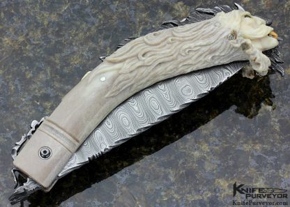 Larry Fuegen Custom Knife Damascus & Carved Deer Antler "Deep Freeze" Goblin Friction Folder - Image 5