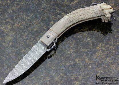 Larry Fuegen Custom Knife Damascus & Carved Deer Antler "Deep Freeze" Goblin Friction Folder