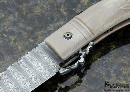 Larry Fuegen Custom Knife Damascus & Carved Deer Antler "Deep Freeze" Goblin Friction Folder - Image 2