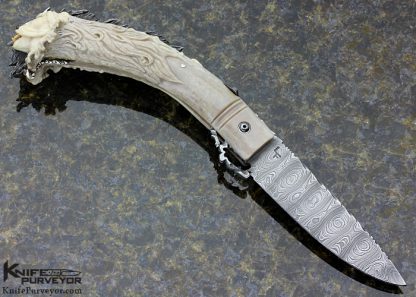 Larry Fuegen Custom Knife Damascus & Carved Deer Antler "Deep Freeze" Goblin Friction Folder - Image 3