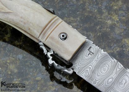 Larry Fuegen Custom Knife Damascus & Carved Deer Antler "Deep Freeze" Goblin Friction Folder - Image 4