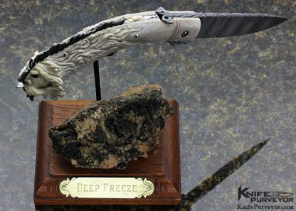 Larry Fuegen Custom Knife Damascus & Carved Deer Antler "Deep Freeze" Goblin Friction Folder - Image 9