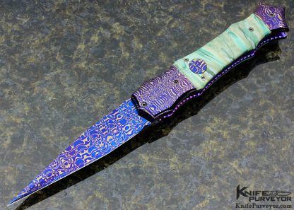 Rainy Vallotton Custom Knife "Hell Razor" with Chad Nichols Cheeta & Franzy Damascus and Turquoise Auto Linerlock