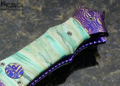 Rainy Vallotton Custom Knife "Hell Razor" with Chad Nichols Cheeta & Franzy Damascus and Turquoise Auto Linerlock - Image 3