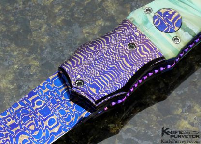 Rainy Vallotton Custom Knife "Hell Razor" with Chad Nichols Cheeta & Franzy Damascus and Turquoise Auto Linerlock - Image 2