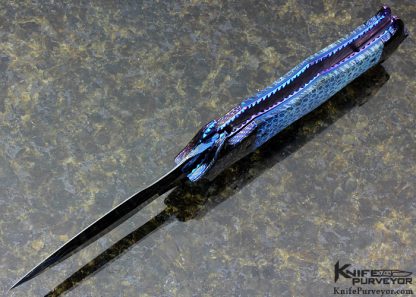 Brandon Vallotton Custom Knife "Jester" with Blue Coral and Chad Nichols Croc Skin Damascus Auto Linerlock - Image 6