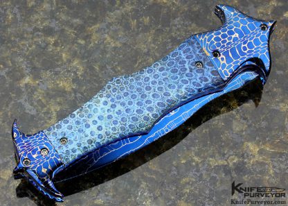 Brandon Vallotton Custom Knife "Jester" with Blue Coral and Chad Nichols Croc Skin Damascus Auto Linerlock - Image 4