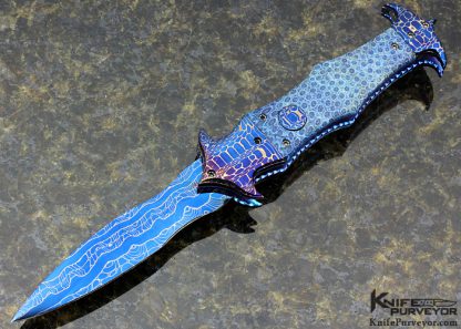 Brandon Vallotton Custom Knife "Jester" with Blue Coral and Chad Nichols Croc Skin Damascus Auto Linerlock