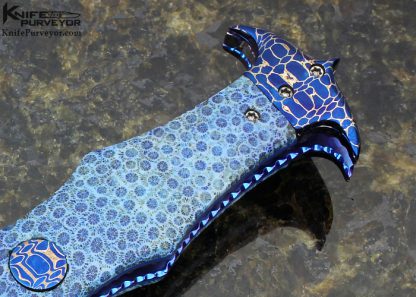 Brandon Vallotton Custom Knife "Jester" with Blue Coral and Chad Nichols Croc Skin Damascus Auto Linerlock - Image 3