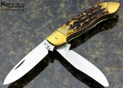 Cliff Polk Custom Knife 2 Blade Brass And Stag Slip Joint