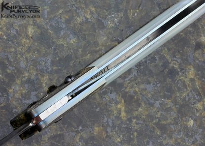 Des Horn Custom Knife Damasteel & Mother of Pearl Button Lock Engraved by Armin Winkler - Image 7
