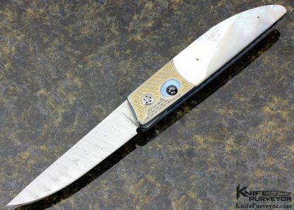 Des Horn Custom Knife Damasteel & Mother of Pearl Button Lock Engraved by Armin Winkler