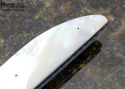 Des Horn Custom Knife Damasteel & Mother of Pearl Button Lock Engraved by Armin Winkler - Image 3