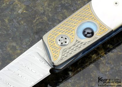 Des Horn Custom Knife Damasteel & Mother of Pearl Button Lock Engraved by Armin Winkler - Image 2