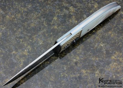 Des Horn Custom Knife Damasteel & Mother of Pearl Button Lock Engraved by Armin Winkler - Image 5