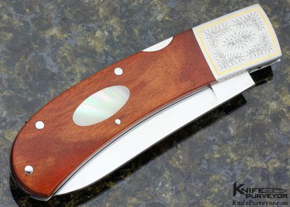 Tom Overeynder Custom Knife Wood & Green Sea Snail Shell Midlock Engraved by Simon Lytton - Image 3