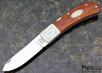 Tom Overeynder Custom Knife Wood & Green Sea Snail Shell Midlock Engraved by Simon Lytton