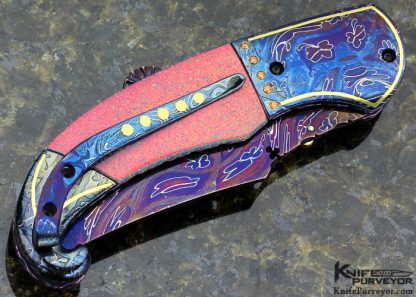 Peter Martin Custom Knife Labgrown Black Opal D/A Auto Lockback 18kt Gold Inlay Tangerine Garnets - Image 4
