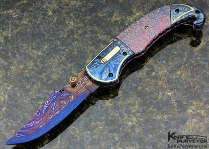 Peter Martin Custom Knife Labgrown Black Opal D/A Auto Lockback 18kt Gold Inlay Tangerine Garnets