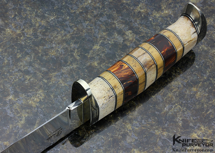 D' Alton Holder Custom Knife Engraved by Darren Reeves with Oosic, Fossilized Bone and Brown German Amber My Knife - Image 7