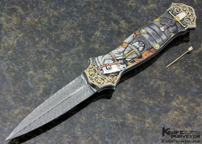 Joe Kious Custom Knife Double Pocket Locket Auto "Warrior & Battlefield" Engraved by C.J. Cai Finished with Diamond Encrusted 14Kt Gold Toothpick and Front Lock