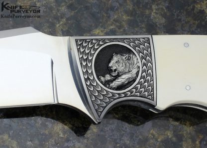D'Holder Custom Knife Engraved by Bruce Shaw "Tiger" Mammoth Finger Grooved Clip Blade Hunter Tiger - Image 2
